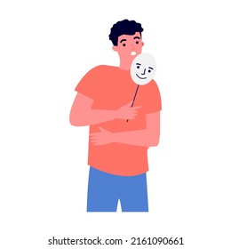 Guy holding positive mask on stick. Sad people covering unhappy faces. Vector illustration for emotion, personality, psychology