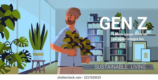 guy holding potted plant generation Z lifestyle sustainable living concept new demography trend with progressive youth gen