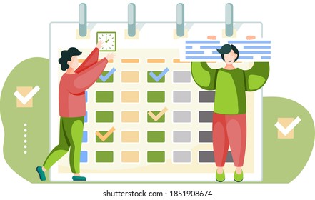 El tipo sostiene un cartel con inscripciones sobre su cabeza. El hombre está ajustando el reloj en la pared. Calendario o calendario en segundo plano. Administración de trabajo de oficina. Los hombres se comunican y pasan tiempo juntos