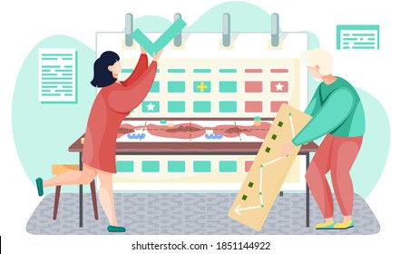 Guy is holding a sign with a picture of the graph. Girl with a check mark in her hands. Board game on the table. The couple is spending time together. Calendar or timetable on wall on background