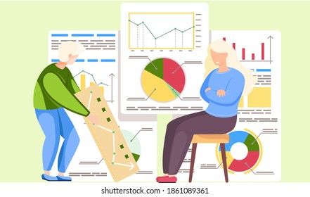 El tipo sostiene un cartel con una foto del gráfico. La chica se parece al hombre. Mujer enojada sentada en la silla. Administración de trabajo de oficina. Concepto de análisis de datos. Gráfico estadístico en segundo plano