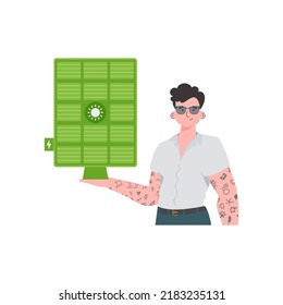 El tipo está sosteniendo un panel solar en su mano. Concepto de energía verde. Aislado sobre fondo blanco. estilo de moda. Ilustración vectorial.