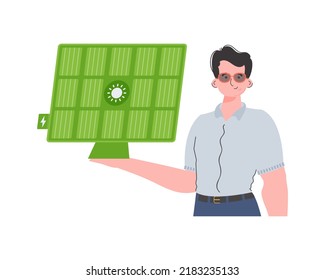 El tipo está sosteniendo un panel solar en su mano. Concepto de energía ecológica. Aislado. Vector. estilo de moda.