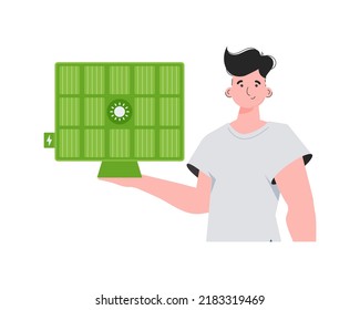 El tipo está sosteniendo un panel solar en su mano. Concepto de energía verde. Aislado. estilo de moda. Ilustración vectorial.