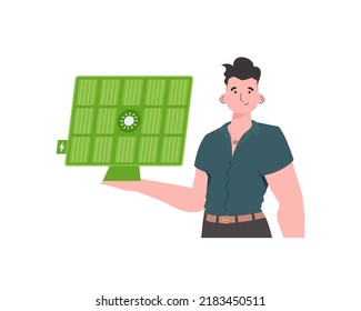 Der Typ hält ein Solarpanel in der Hand. Ökoenergiekonzept Einzeln. trendiger Stil. Vektorgrafik.
