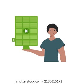 The guy is holding a solar panel in his hand. Green energy concept. Isolated. Vector. trendy style.