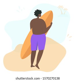 Guy is holding a surfboard on the beach. Back view of going surfer. Summer african character with a view to the sea with palm. Beach activity, sea sport. Colorful flat vector illustration.
