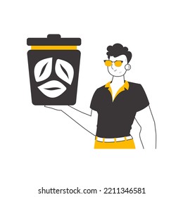 The guy is holding a trash can. The concept of recycling plastic and waste. Lineart style. Isolated on white background. Vector illustration.
