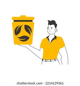 El tipo está sosteniendo un cubo de basura. El concepto de reciclaje de plástico y desechos. De diseño lineal. Aislado sobre fondo blanco. Ilustración vectorial.
