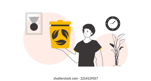 The guy is holding a trash can. Waste recycling concept. Linear style.