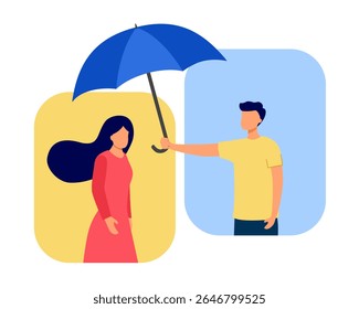 Guy holding umbrella over sad friend. Man supporting friend with mental problems or depression, trying to help and comfort flat vector illustration. Psychology, empathy concept