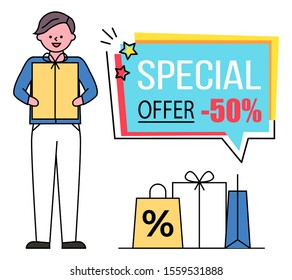 Guy holding vector carton box in hands. Special offer, 50 percent off price in stores. Shopping bags on ground, man buy products and gifts. Caption on blue label with advertising, minimalism