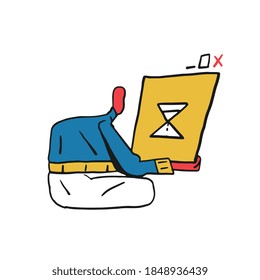 Guy Holding Waiting Window. Loading Vector Concept. With Yellow and Blue and Hand Drawn with Bold Line. Isolated on White.