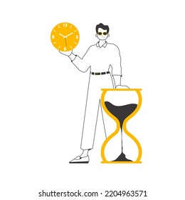 The guy is holding a watch. Time management concept. Minimalistic linear style. Isolated. Vector illustration.
