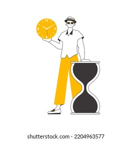 El tipo está sosteniendo un reloj. Concepto de gestión del tiempo. Estilo lineal moderno. Aislado. Ilustración vectorial.