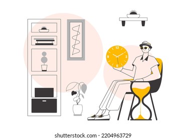 The guy is holding a watch. Time management concept. Linear trendy style. Vector illustration.