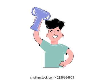 The guy is holding the winner's cup. Victory concept.. Isolated on white background. Trendy flat vector style.