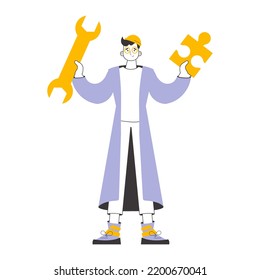 El tipo tiene una llave y un rompecabezas. Tema de trabajo en equipo. Estilo de moda lineal. Aislado. Vector.
