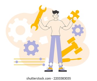 The guy is holding a wrench and a puzzle. Teamwork theme. Linear trendy style.
