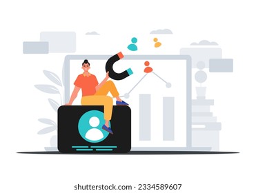 The Guy holds a attraction in his bridge actor , which attracts topic . hour concept. Trendy style, Vector Illustration