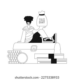 El tipo sostiene una bolsa, encaramado sobre una pila de dinero para el Día de los Impuestos. Ilustración vectorial de estilo lineal.
