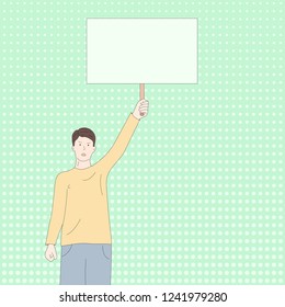 The guy holds the banner. Vector illustration in cartoon style