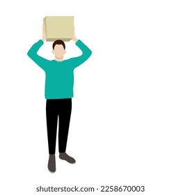 The guy holds a big box with two hands above his head, flat vector, isolated on white, faceless illustration, delivery, moving