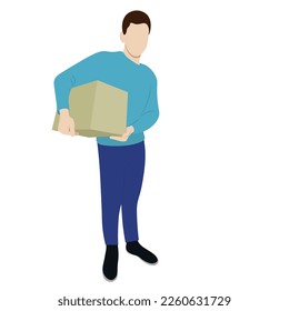 The guy holds a big box with two hands under his arm, flat vector, isolate on white, faceless illustration, delivery, moving