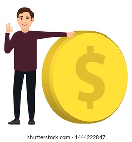 The guy holds a big golden coin and shows a cool gesture, happy man, cartoon character vector illustration