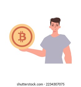 The guy holds a bitcoin coin in his hands. Character in a modern trendy style.