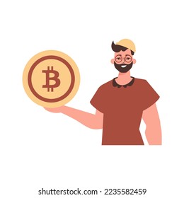 The guy holds a bitcoin coin in his hands. Character in trendy style.
