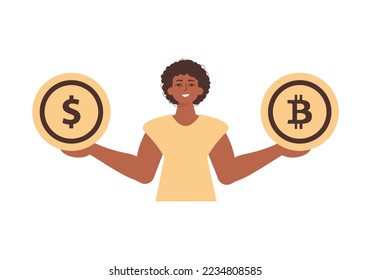 The guy holds a bitcoin and a dollar in his hands. Character with a modern style.