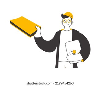 The guy holds a book and a laptop in his hands. Linear trendy style. Isolated. Vector.