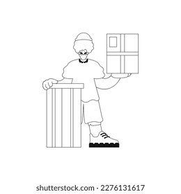 Guy holds box in hands. Courier service. Straight design. Vector pic.
