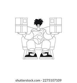Guy holds box in hands. Delivering package with linear style vector illustration.