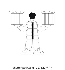 El tipo sostiene la caja en las manos. Entregando paquete. Diseño lineal. Arte vectorial.