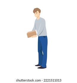 Un tipo sostiene una caja en sus manos como regalo. El hombre sostiene una caja de cartón. Aislado. Vector.