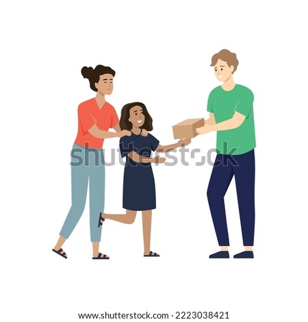 A guy holds a box in his hands as a gift to a mother and daughter. The man is holding a cardboard box. Isolated. Vector.