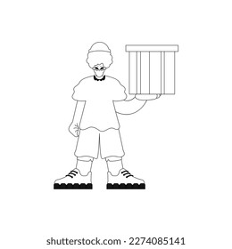 Guy hält eine Kiste. Paket geliefert. Lineare Vektorgrafik.