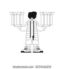 El tipo sostiene una caja. entrega de paquetes en estilo lineal, ilustración vectorial.