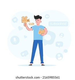 The guy holds a camera and a movie clapperboard in his hands. Blogging concept. Trendy vector