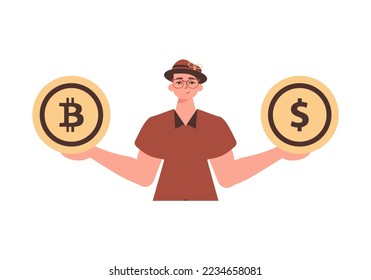 El tipo tiene en sus manos una moneda de bitcoin y dólar. Personaje de moda.