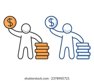 The guy holds a coin.The theme of saving money. Rich male happy character a stack of coins.Successful profitable business.Doodle little people.Outline vector illustration.