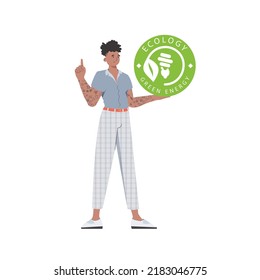 El tipo lleva el logo de la OCE en sus manos. El personaje se representa en pleno crecimiento. El concepto de energía verde y ecología. Aislado sobre fondo blanco. Ilustración de tendencia de vectores.