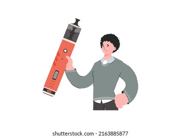Der Typ hält eine elektronische Zigarette in den Händen. Trendy Stil mit sanften neutralen Farben. Einzeln auf weißem Hintergrund. Vektorgrafik.