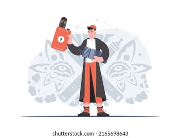 The guy holds an electronic cigarette in his hands. Flat style. The concept of replacing cigarettes. Vector illustration.