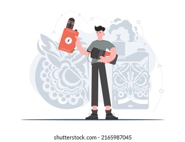 El tipo tiene un cigarrillo electrónico en las manos. Estilo plano. El concepto de vapor y uva. Ilustración vectorial.