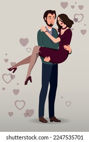 The guy holds the girl in his arms against the background of valentines. Vector.