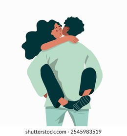 Guy holds girl in his arms. The girl has her arms around the guy's neck. They are kissing, back view, vector hand drawn illustration.