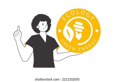 The guy holds the green energy logo in his hand. Linear modern style. Isolated on white background. Vector illustration.